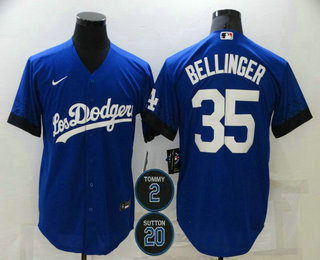 Personalized Men’s Los Angeles Dodgers #35 Cody Bellinger Blue #2 #20 Patch City Connect Cool Base Stitched Jersey