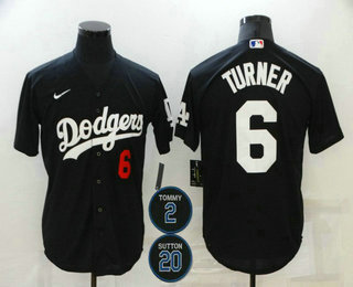 Personalized Men’s Los Angeles Dodgers #6 Trea Turner Black #2 #20 Patch Stitched Number MLB Cool Base Jersey