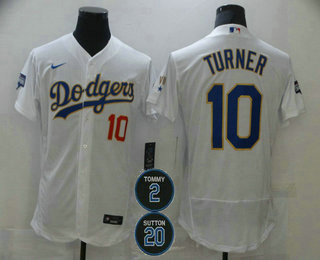 Personalized Men’s Los Angeles Dodgers #10 Justin Turner White Gold #2 #20 Patch Stitched MLB Flex Base Jersey