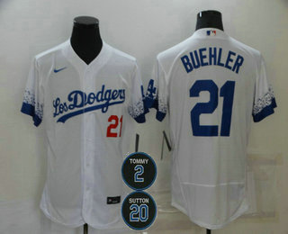 Personalized Men’s Los Angeles Dodgers #21 Walker Buehler White #2 #20 Patch City Connect Flex Base Stitched Jersey