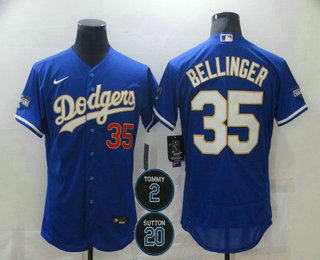 Personalized Men’s Los Angeles Dodgers #35 Cody Bellinger Blue Gold #2 #20 Patch Stitched MLB Flex Base Jersey