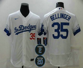 Personalized Men’s Los Angeles Dodgers #35 Cody Bellinger White #2 #20 Patch City Connect Flex Base Stitched Jersey