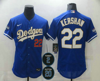 Personalized Men’s Los Angeles Dodgers #22 Clayton Kershaw Blue Gold #2 #20 Patch Stitched MLB Flex Base Jersey