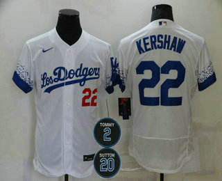 Personalized Men’s Los Angeles Dodgers #22 Clayton Kershaw White #2 #20 Patch City Connect Flex Base Stitched Jersey