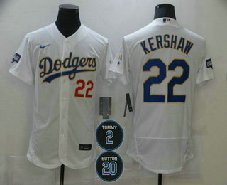 Personalized Men’s Los Angeles Dodgers #22 Clayton Kershaw White Gold #2 #20 Patch Stitched MLB Flex Base Jersey