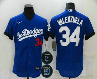 Personalized Men’s Los Angeles Dodgers #34 Fernando Valenzuela Blue #2 #20 Patch City Connect Flex Base Stitched Jersey