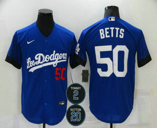 Personalized Men’s Los Angeles Dodgers #50 Mookie Betts Blue #2 #20 Patch City Connect Number Cool Base Stitched Jersey