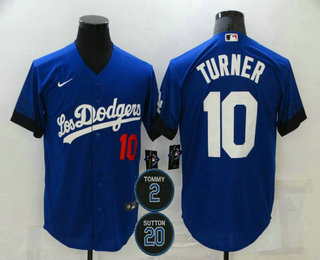 Personalized Men’s Los Angeles Dodgers #10 Justin Turner Blue #2 #20 Patch City Connect Number Cool Base Stitched Jersey