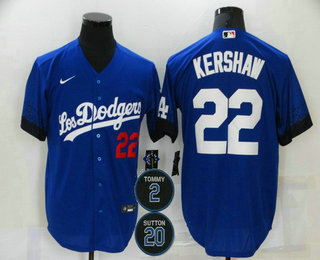 Personalized Men’s Los Angeles Dodgers #22 Clayton Kershaw Blue #2 #20 Patch City Connect Number Cool Base Stitched Jersey