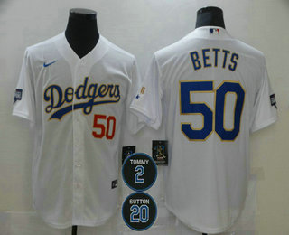 Personalized Men’s Los Angeles Dodgers #50 Mookie Betts Red Number White Gold #2 #20 Patch Stitched MLB Cool Base Jersey