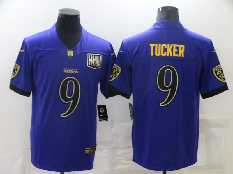 Personalized Men’s Baltimore Ravens #9 Justin Tucker Purple 25th Season Golden Stitched NFL Limited Jersey