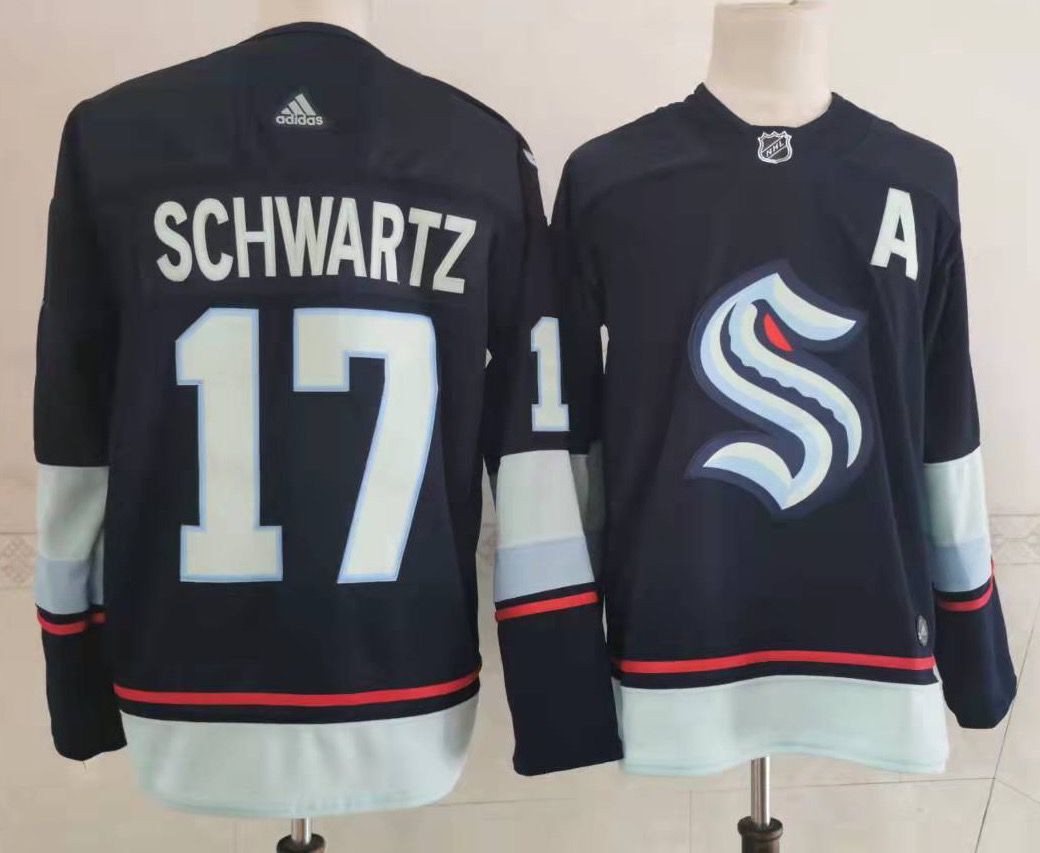 Personalized Men’s Seattle Kraken #17 Jaden Schwartz Navy Blue Stitched NHL Jersey