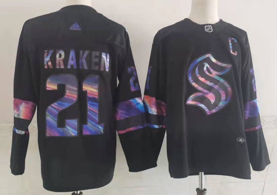 Personalized Men’s Seattle Kraken #21 Kraken Black Iridescent Holographic Authentic Jersey