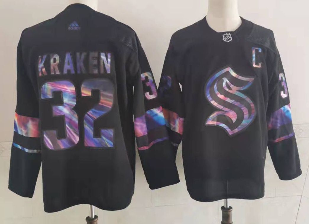 Personalized Men’s Seattle Kraken #32 Kraken Black Iridescent Holographic Authentic Jersey