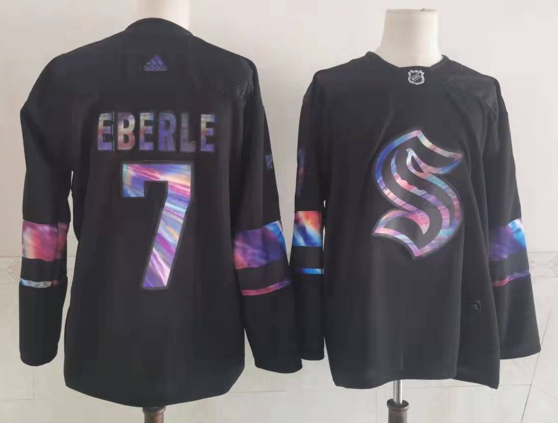 Personalized Men’s Seattle Kraken #7 Jordan Eberle Black Iridescent Holographic Authentic Jersey