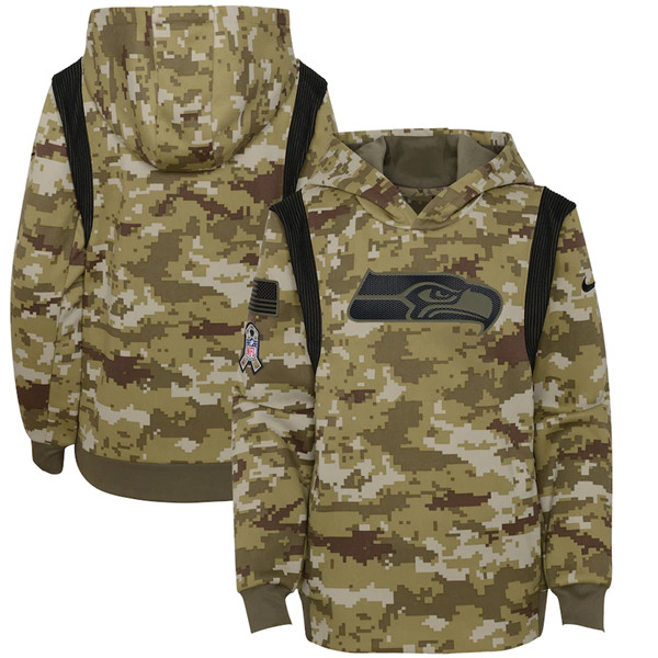Personalized Youth Seattle Seahawks 2021 Camo Salute To Service Therma Performance Pullover Hoodie