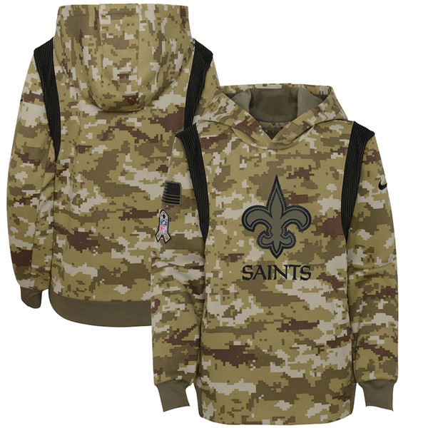 Personalized Youth New Orleans Saints 2021 Camo Salute To Service Therma Performance Pullover Hoodie