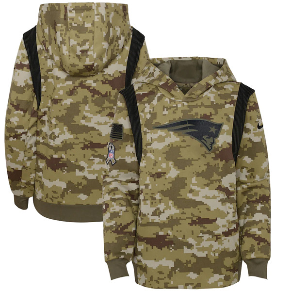 Personalized Youth New England Patriots 2021 Camo Salute To Service Therma Performance Pullover Hoodie