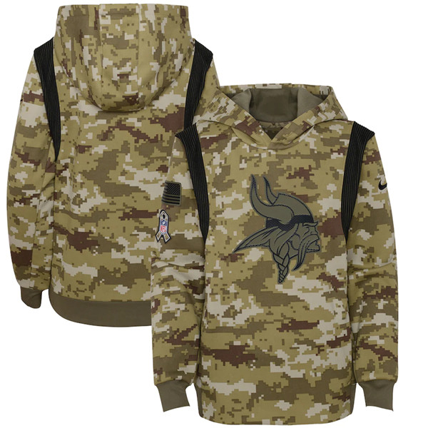 Personalized Youth Minnesota Vikings 2021 Camo Salute To Service Therma Performance Pullover Hoodie