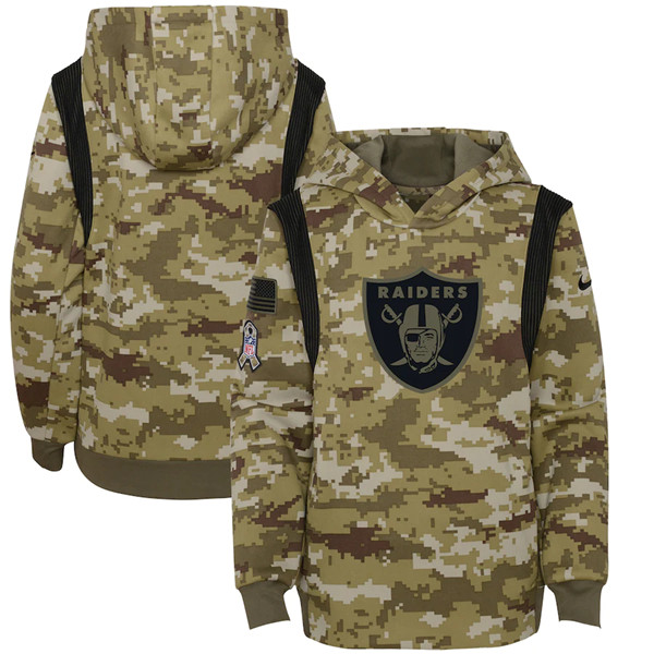 Personalized Youth Las Vegas Raiders 2021 Camo Salute To Service Therma Performance Pullover Hoodie
