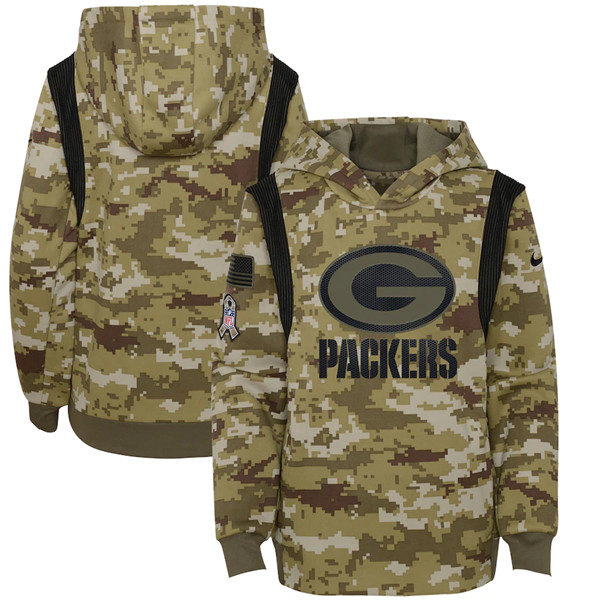 Personalized Youth Green Bay Packers 2021 Camo Salute To Service Therma Performance Pullover Hoodie