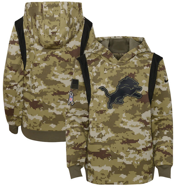 Personalized Youth Detroit Lions 2021 Camo Salute To Service Therma Performance Pullover Hoodie