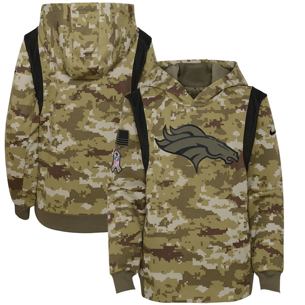 Personalized Youth Denver Broncos 2021 Camo Salute To Service Therma Performance Pullover Hoodie