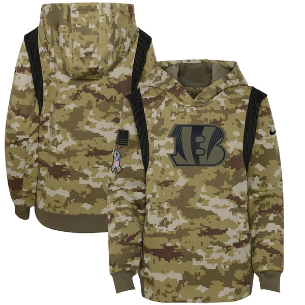 Personalized Youth Cincinnati Bengals 2021 Camo Salute To Service Therma Performance Pullover Hoodie
