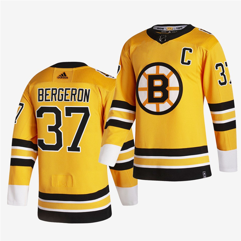 Personalized Men’s Boston Bruins #37 Patrice Bergeron 2020-21 Yellow Reverse Retro Stitched Jersey