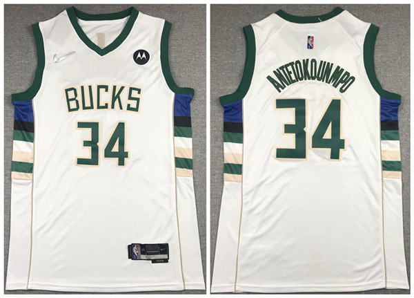 Personalized Men’s Milwaukee Bucks #34 Giannis Antetokounmpo White 75th Anniversary Stitched Basketball Jersey