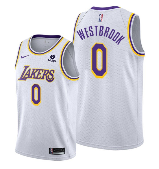 Personalized Men’s Los Angeles Lakers #0 Russell Westbrook Bibigo White Stitched Basketball Jersey
