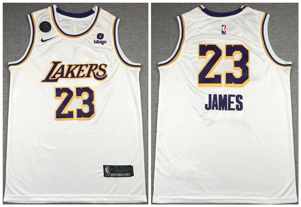 Personalized Men’s Los Angeles Lakers #23 LeBron James Bibigo White With KB Patch Stitched Jersey