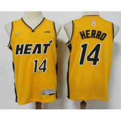 Personalized Men Miami Heat 14 Tyler Herro Yellow Swingman 2021 Earned Edition Stitched Jersey With NEW Sponsor Logo