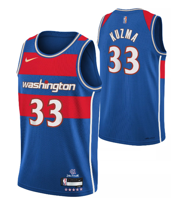 Personalized Men’s Washington Wizards #33 Kyle Kuzma 75th Anniversary 2021 2022 Blue City Edition Swingman Stitched Jersey