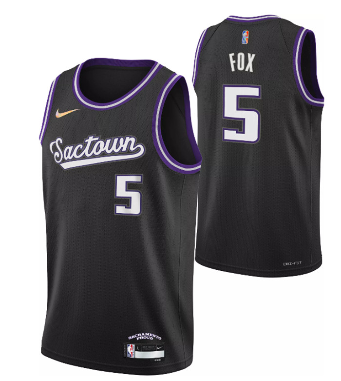 Personalized Men’s Sacramento Kings #5 De’Aaron Fox 2021 2022 Black City Edition 75th Anniversary Stitched Jersey