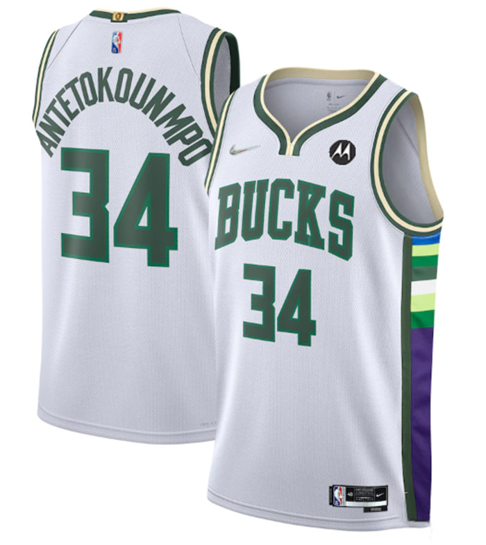 Personalized Men’s Milwaukee Bucks #34 Giannis Antetokounmpo White 2021 22 75th Anniversary Swingman City Edition Stitched Jersey
