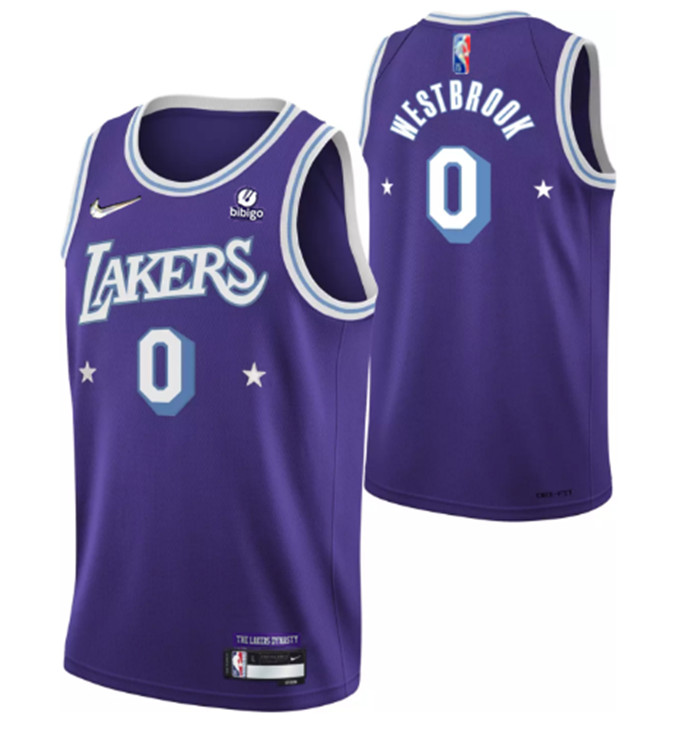 Personalized Men’s Los Angeles Lakers #0 Russell Westbrook Purple 2021 City Edition 75th Anniversary Stitched Jersey