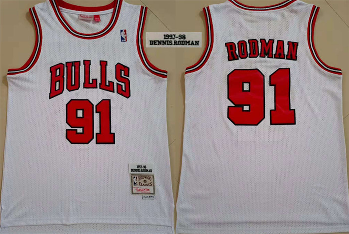 Personalized Bulls 91 Dennis Rodman White 1997-98 Hardwood Classics Jersey