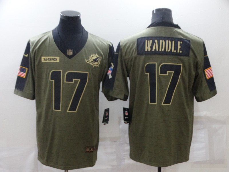 Personalized Men’s Miami Dolphins #17 Jaylen Waddle 2021 Olive Salute To Service Limited Stitched Jersey
