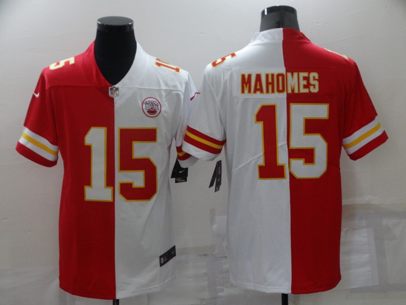 Personalized Men’s Kansas City Chiefs #15 Patrick Mahomes Red White Split Limited Stitched Jersey
