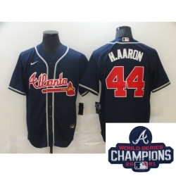 Personalized Men Atlanta Braves 44 Hank Aaron Blue Stitched MLB 2021 Champions Patch Jersey