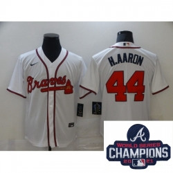 Personalized Men Atlanta Braves 44 Hank Aaron White Stitched MLB 2021 Champions Patch Jersey