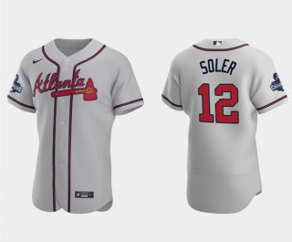Personalized Men’s Grey Atlanta Braves #12 Jorge Soler 2021 World Series Champions Flex Base Stitched Jersey