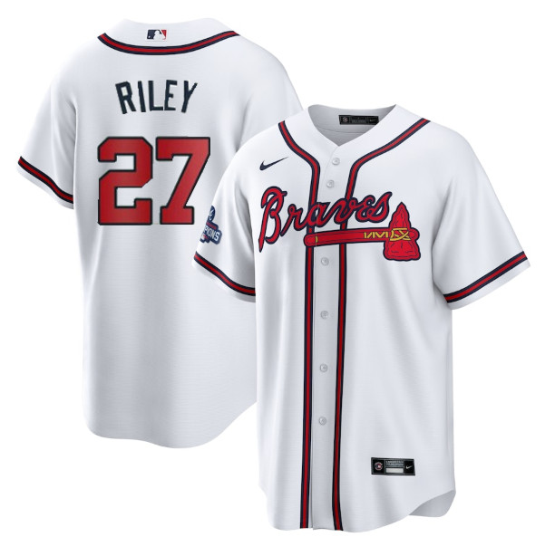 Personalized Men’s Atlanta Braves #27 Austin Riley 2021 White World Series Champions Cool Base Stitched Jersey