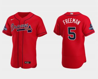 Personalized Men’s Red Atlanta Braves #5 Freddie Freeman 2021 World Series Champions Flex Base Stitched Jersey