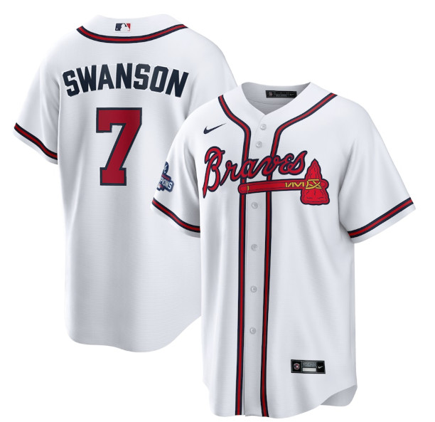 Personalized Men’s Atlanta Braves #7 Dansby Swanson 2021 White World Series Champions Cool Base Stitched Jersey