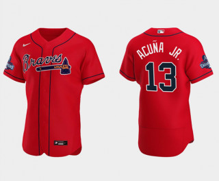 Personalized Men’s Red Atlanta Braves #13 Ronald Acuna Jr. 2021 World Series Champions Flex Base Stitched Jersey