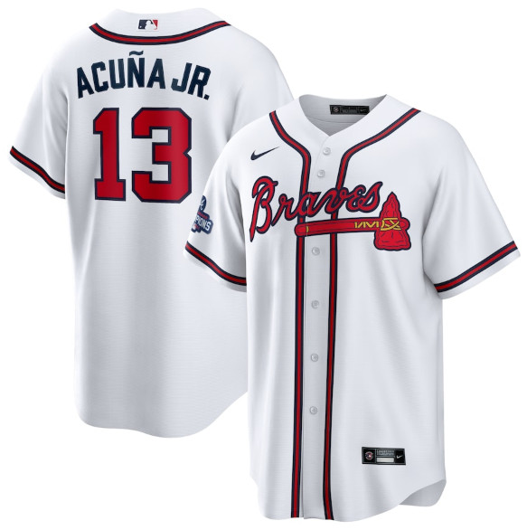 Personalized Men’s Atlanta Braves #13 Ronald Acuna Jr. 2021 White World Series Champions Cool Base Stitched Jersey