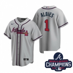 Personalized Men Atlanta Braves 1 Ozzie Albies Gray Road Stitched Baseball Stitched MLB 2021 Champions Patch Jersey