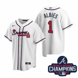 Personalized Men Atlanta Braves 1 Ozzie Albies White Home Stitched Baseball Stitched MLB 2021 Champions Patch Jersey